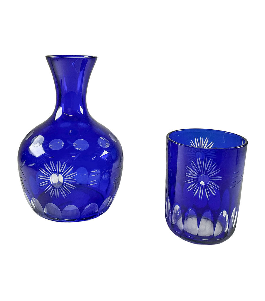 Cobalt Blue Cut to Clear Crystal Tumbler w/ Decanter