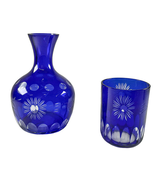 Cobalt Blue Cut to Clear Crystal Tumbler w/ Decanter