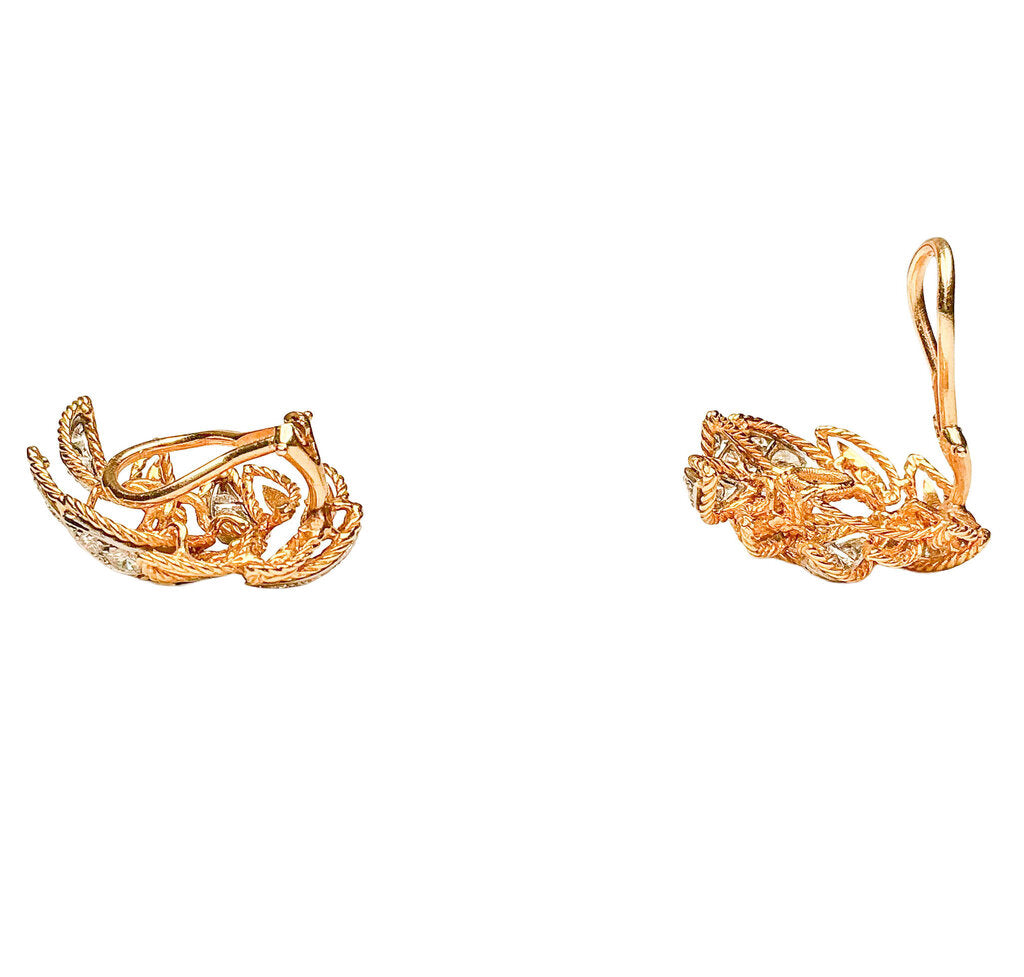 18K YG & Diamond Ear Clips In Style of Van Cleef