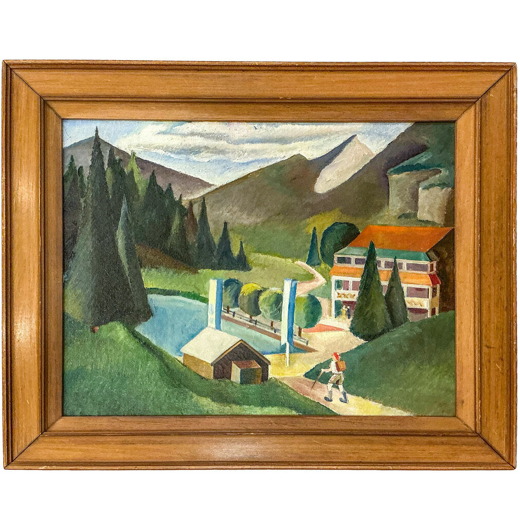 Artist Unknown. Hiker Coming Home. Old in Canvas.