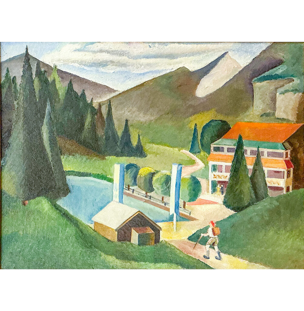 Artist Unknown. Hiker Coming Home. Old in Canvas.