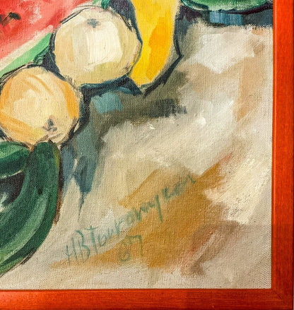 Signed illegibly. Mid-century Produce Still Life. Oil on Canvas.