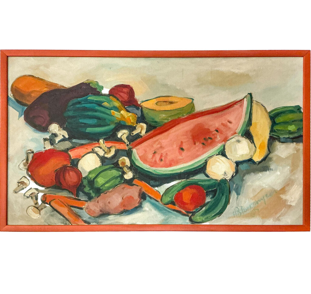 Signed illegibly. Mid-century Produce Still Life. Oil on Canvas.