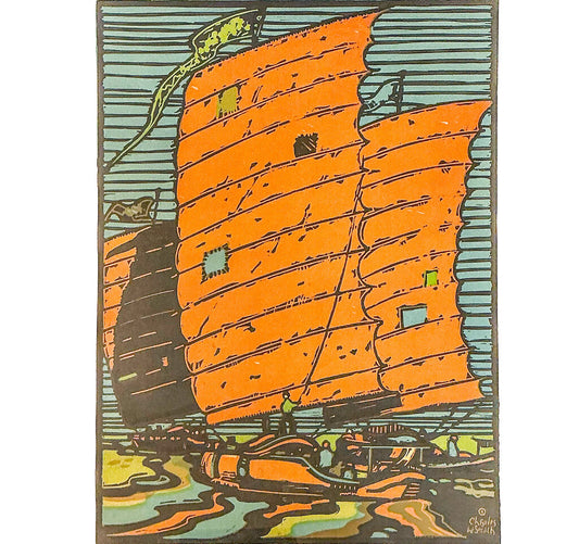 Charles William Smith. Chinese Junk Ship. Linoleum Color Print