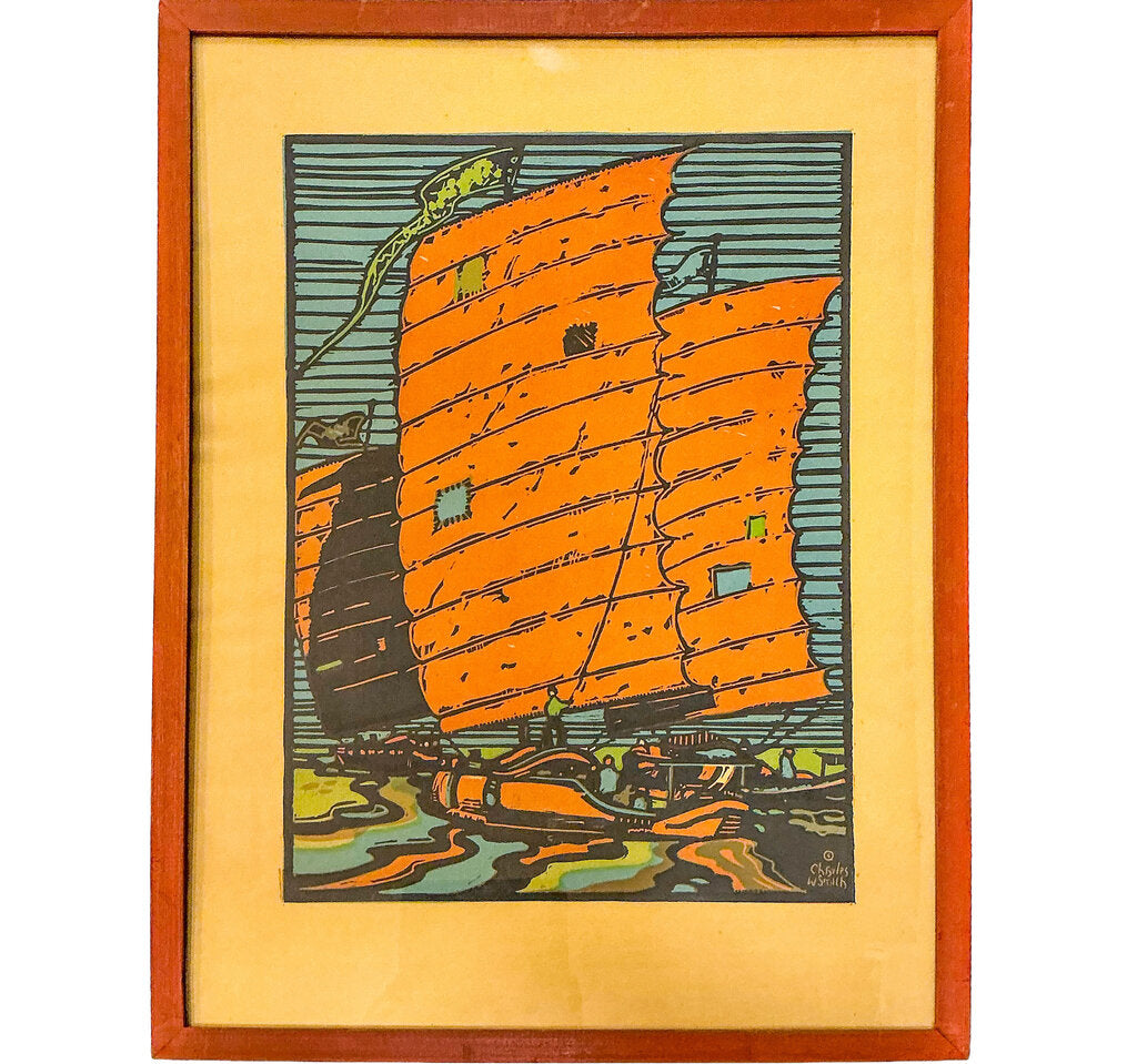 Charles William Smith. Chinese Junk Ship. Linoleum Color Print