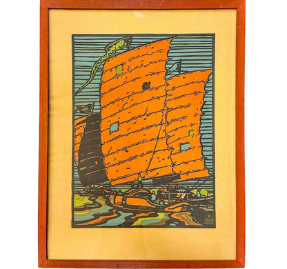 Charles William Smith. Chinese Junk Ship. Linoleum Color Print