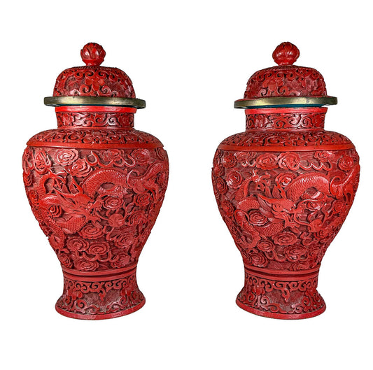 PAIR Chinese Carved Cinnabar Vases