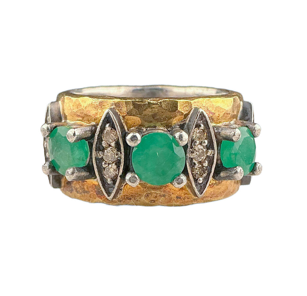 Turkish Sterling & Gold Plated Ring set w/ Diaminds & Natural Emeralds