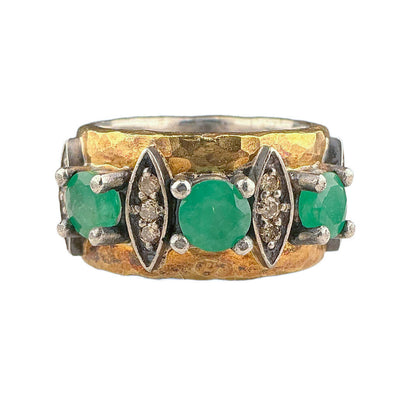 Turkish Sterling & Gold Plated Ring set w/ Diaminds & Natural Emeralds