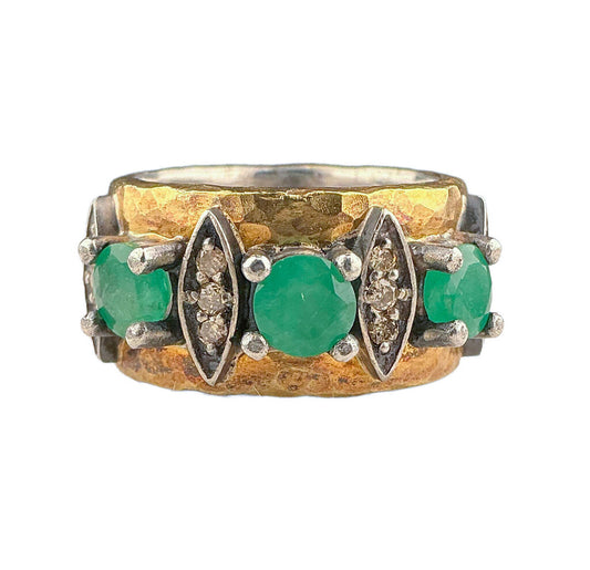 Turkish Sterling & Gold Plated Ring set w/ Diaminds & Natural Emeralds