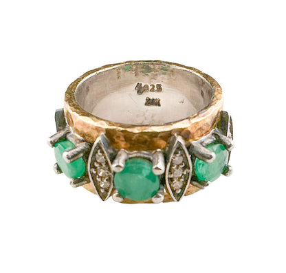 Turkish Sterling & Gold Plated Ring set w/ Diaminds & Natural Emeralds
