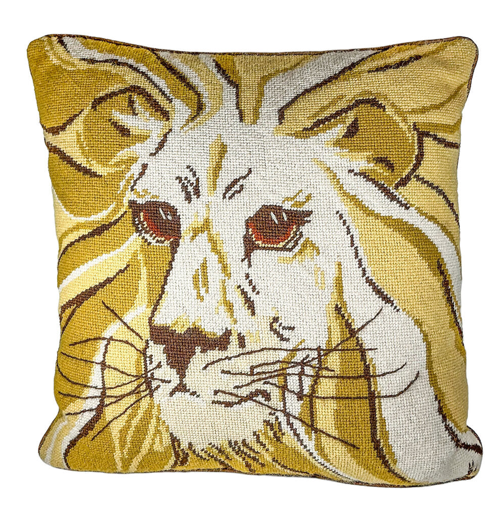 Vintage Lion Face Needlepoint Pillow