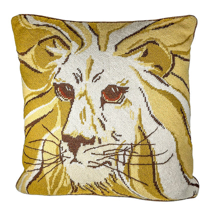 Vintage Lion Face Needlepoint Pillow