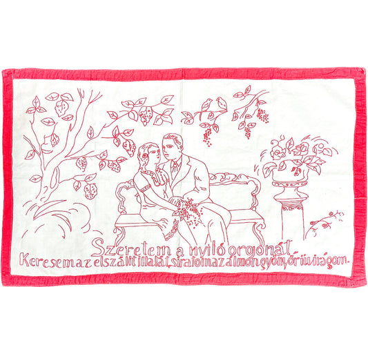 Hungarian 1920's Redwork Embroidered Linen - Opportunity Shop DC