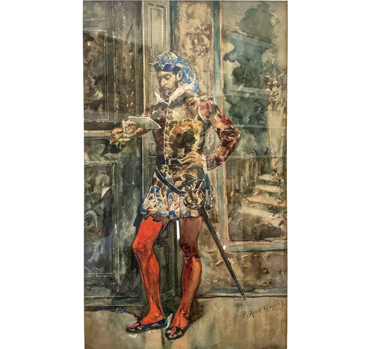 Federico Asis de Lopez. Man in Red Tights Reading. Watercolor on Paper.
