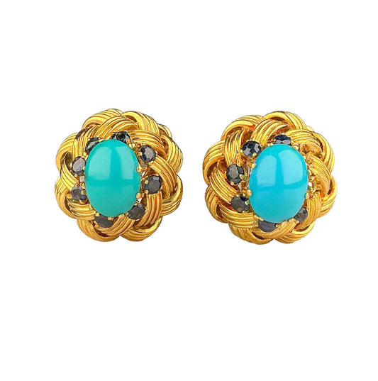 14K Gold w Turquoise & Sapphires Domed Knot-Motif Button Earrings