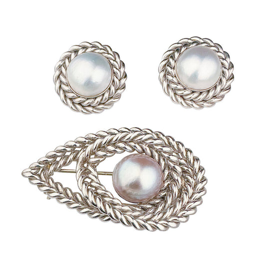 18K WG & Mabe Pearl Demi-Parure of Brooch & Earrings