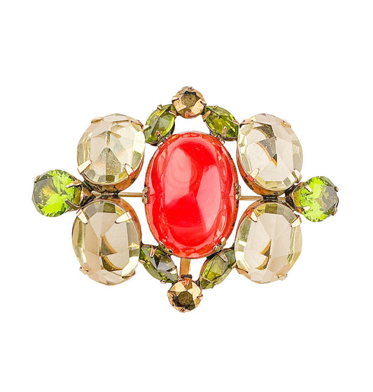 Vintage Schreiner New York Brooch w/Coral-Red Cabochon