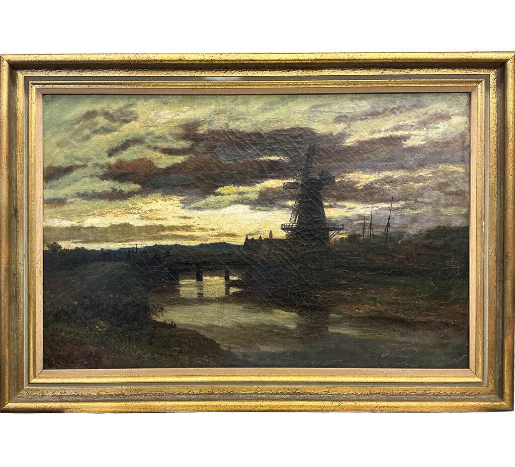 "Windmill at Sunset" Late 19c, Oil on Canvas