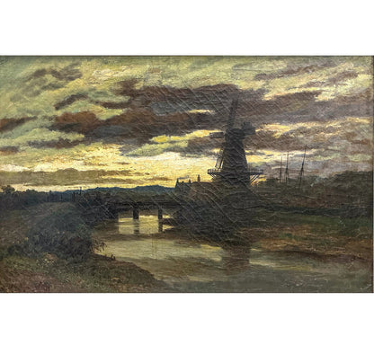 "Windmill at Sunset" Late 19c, Oil on Canvas