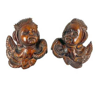 PAIR Antq French Carved Wood Cherubs