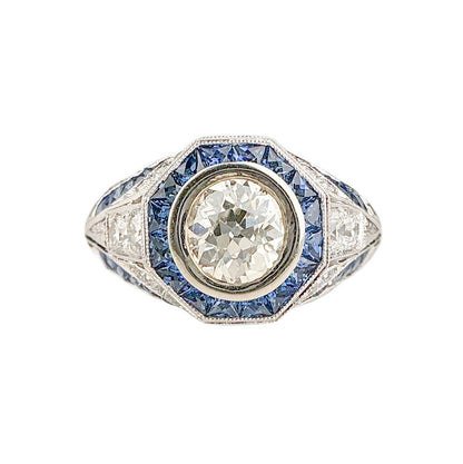 18K WG Ring w .70ct Center Diamond & Sapphires