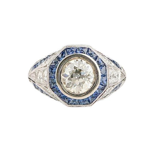 18K WG Ring w .70ct Center Diamond & Sapphires