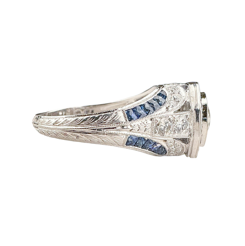 18K WG Ring w .70ct Center Diamond & Sapphires