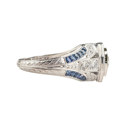 18K WG Ring w .70ct Center Diamond & Sapphires