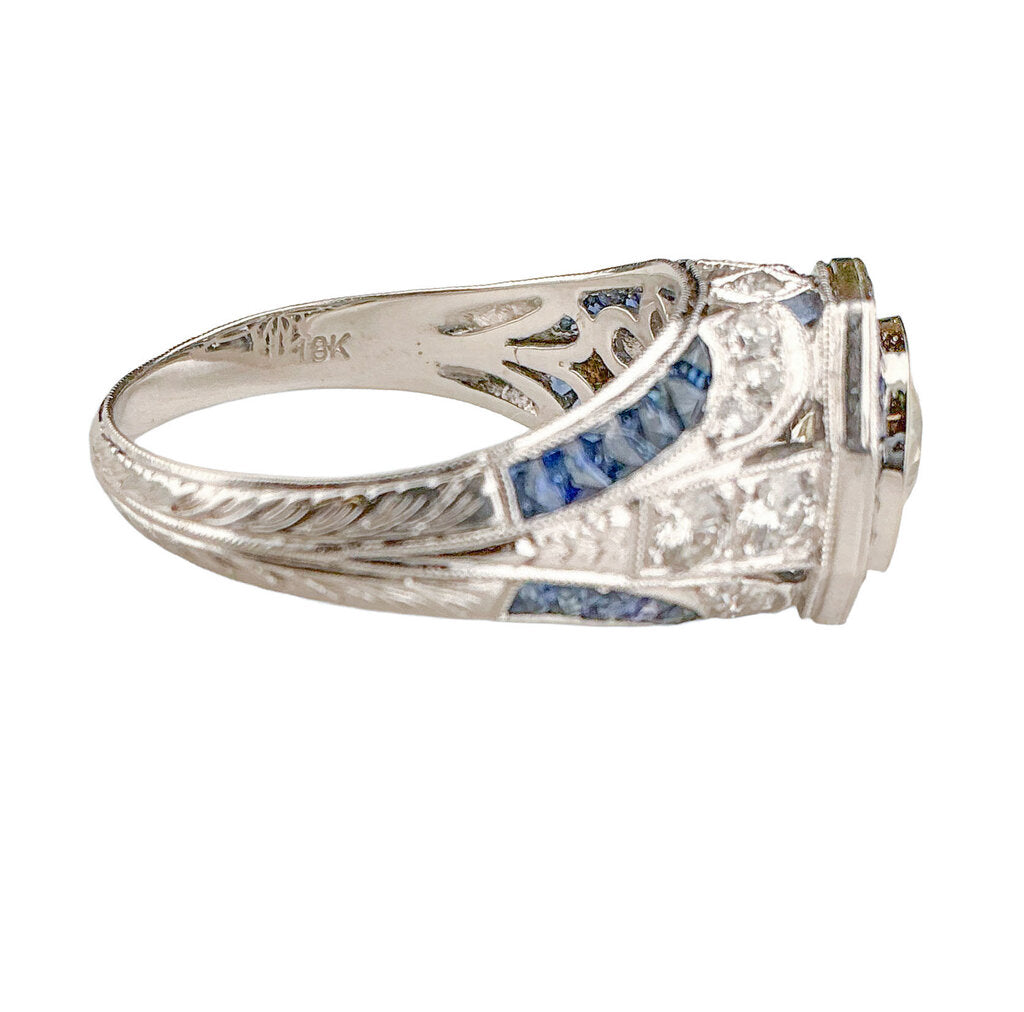 18K WG Ring w .70ct Center Diamond & Sapphires
