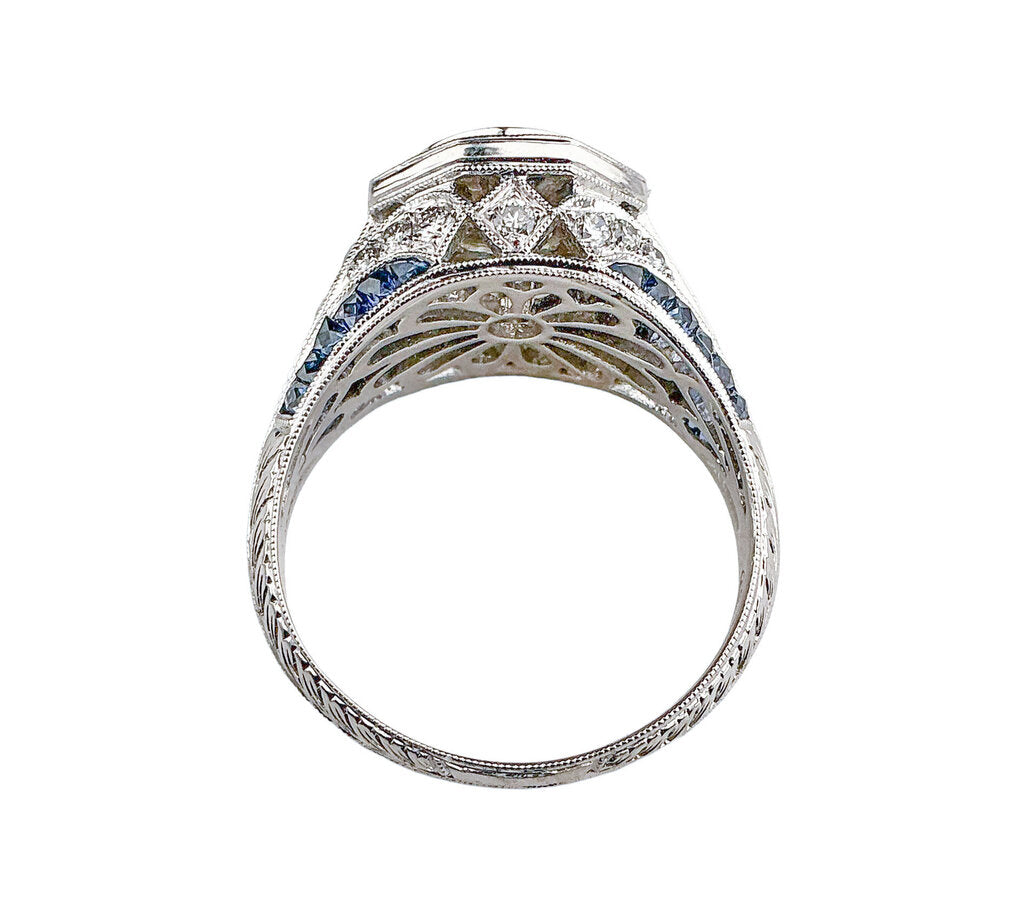 18K WG Ring w .70ct Center Diamond & Sapphires