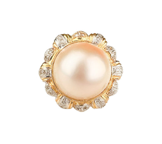 14K YG Ring set w Large Mabe Pearl & Diamonds