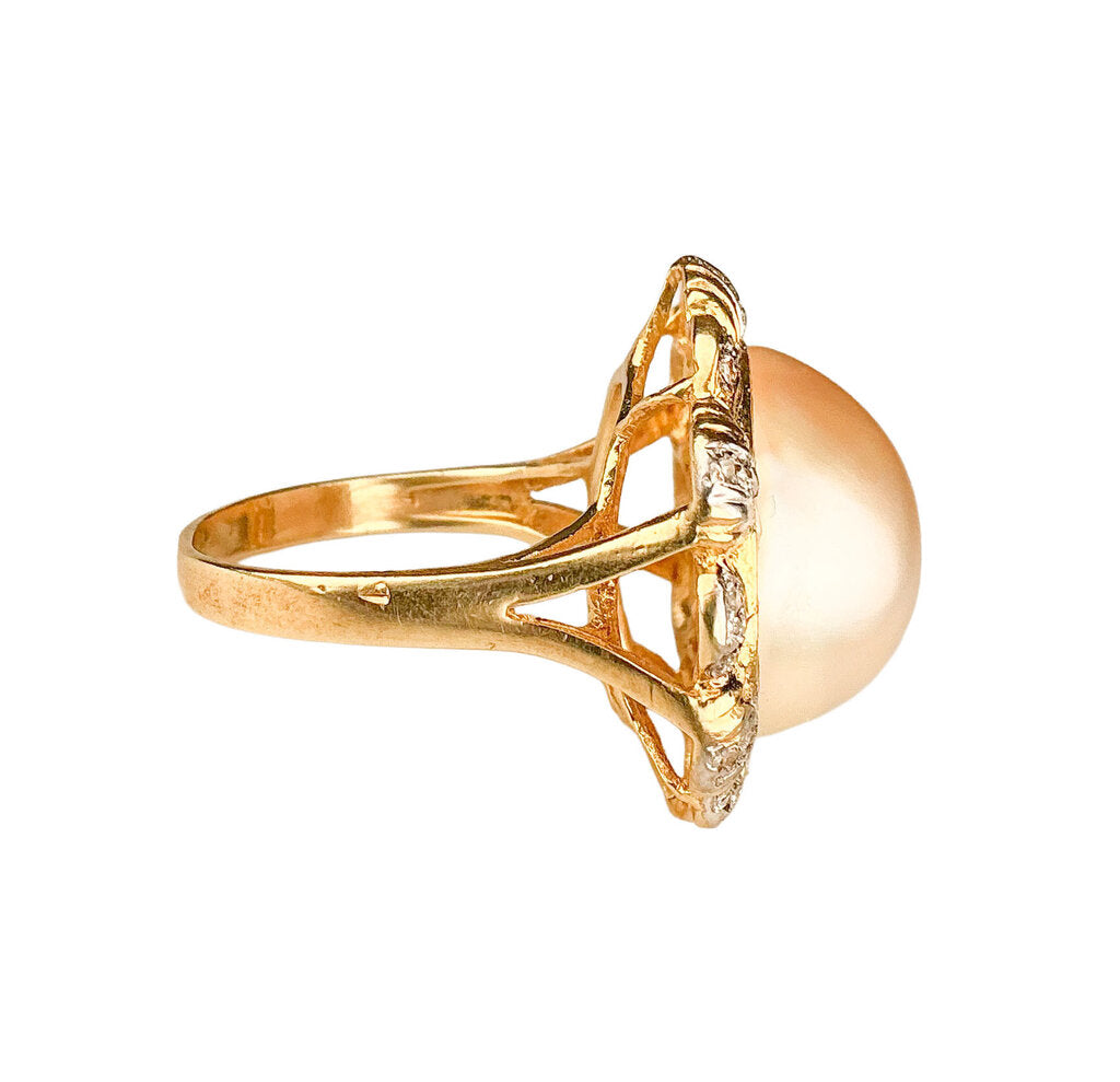 14K YG Ring set w Large Mabe Pearl & Diamonds