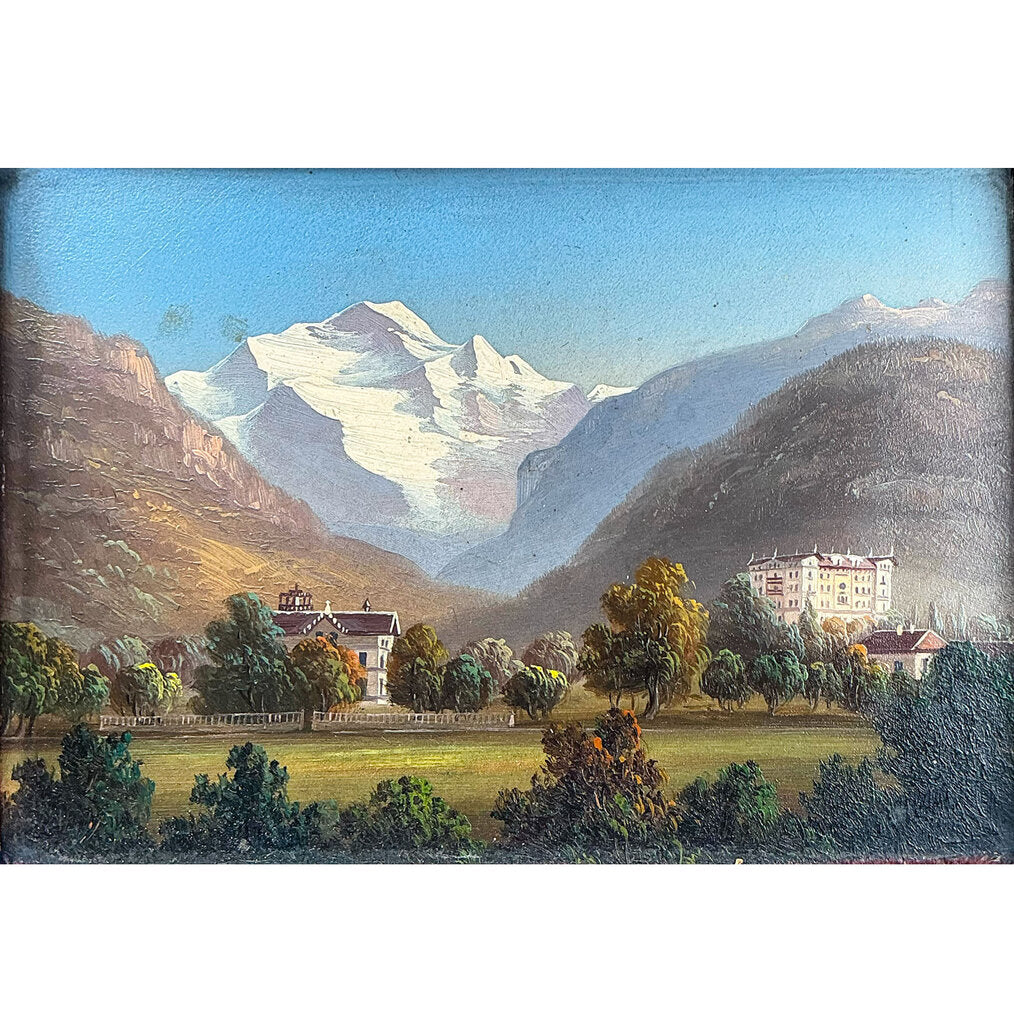 European School 19th C Painting of Village. Oil on Canvas.