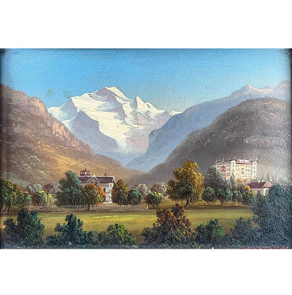European School 19th C Painting of Village. Oil on Canvas.