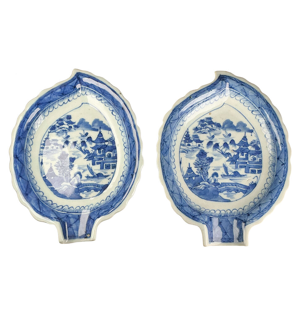 PAIR Chinese Canton Blue & White Leaf Form Dishes