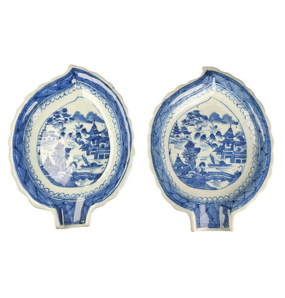 PAIR Chinese Canton Blue & White Leaf Form Dishes