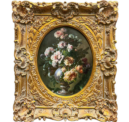 Unsigned, Still Life of Flowers, 1880 Oil on Board in Mexican Frame