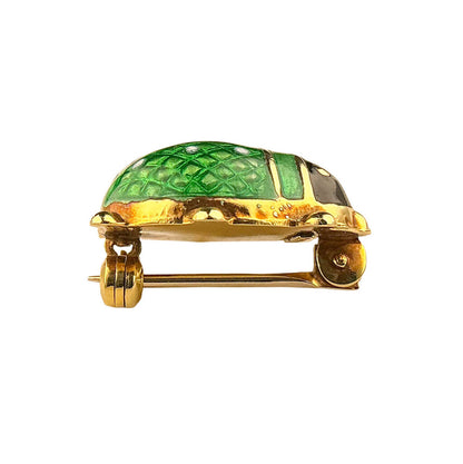 Vintage 14K YG Green Enamel Lady Bug Brooch
