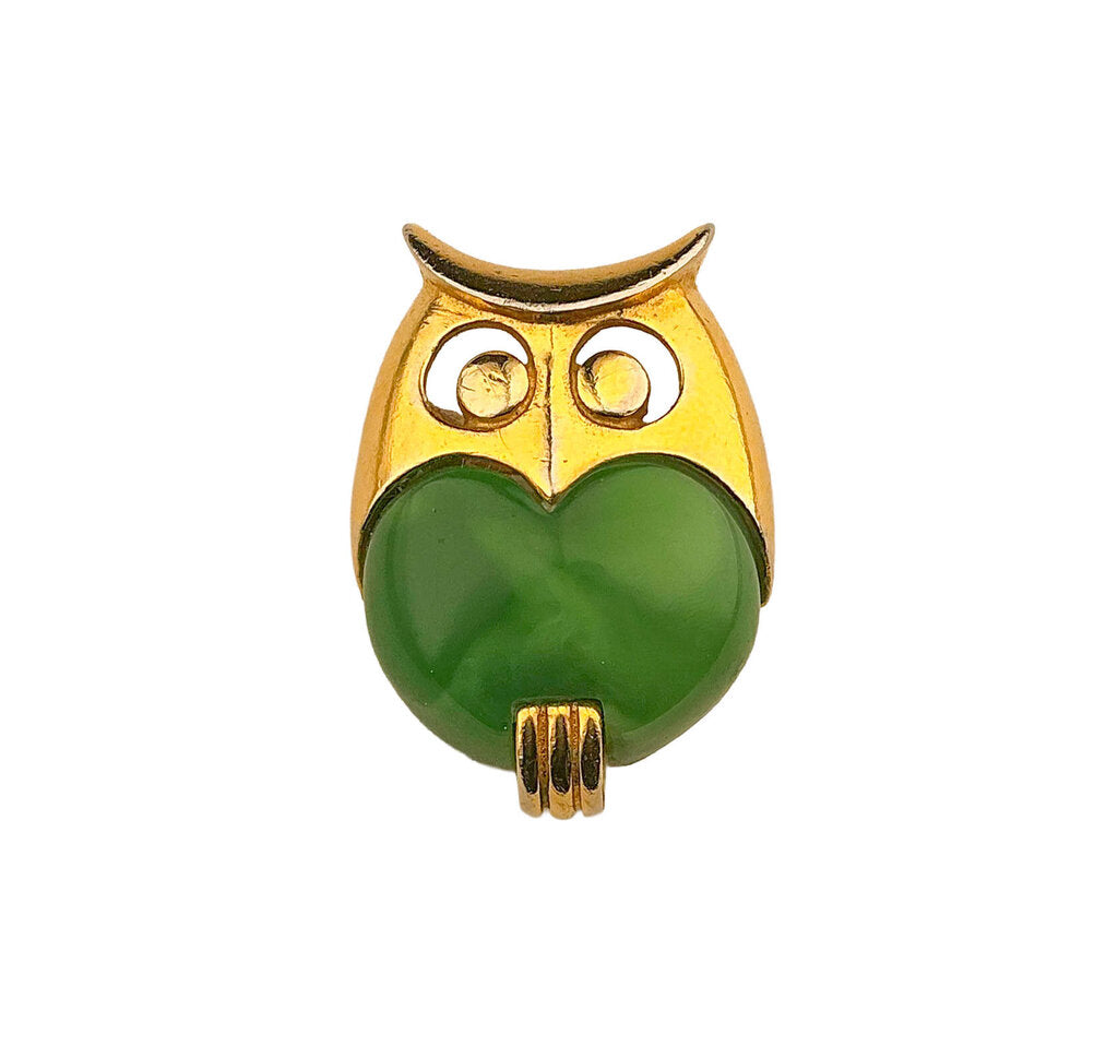 Vintage Mini Trifari Gold Tone w Green Lucite Owl Pin