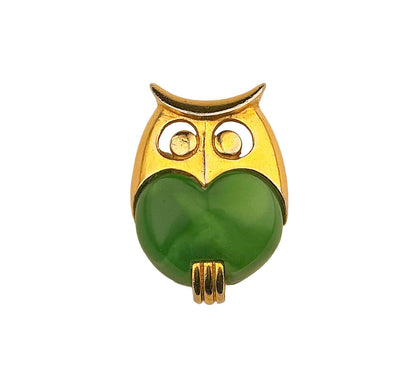 Vintage Mini Trifari Gold Tone w Green Lucite Owl Pin