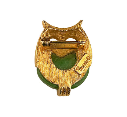Vintage Mini Trifari Gold Tone w Green Lucite Owl Pin