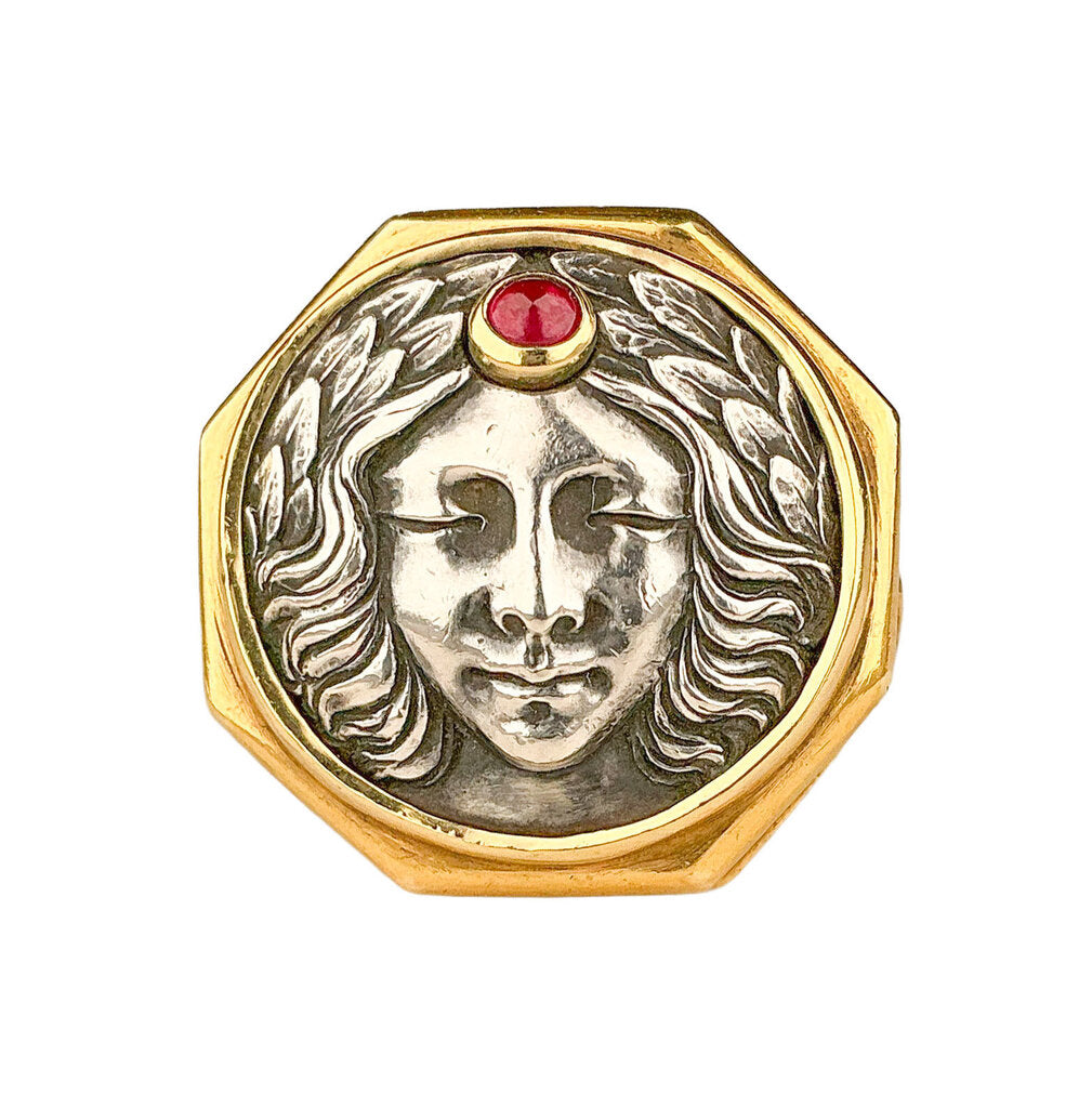Paul Lantuch 18K & Sterling Signet Ring w Ruby & Sun Deity Face