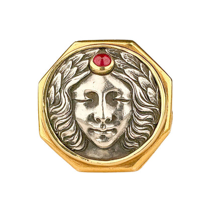 Paul Lantuch 18K & Sterling Signet Ring w Ruby & Sun Deity Face