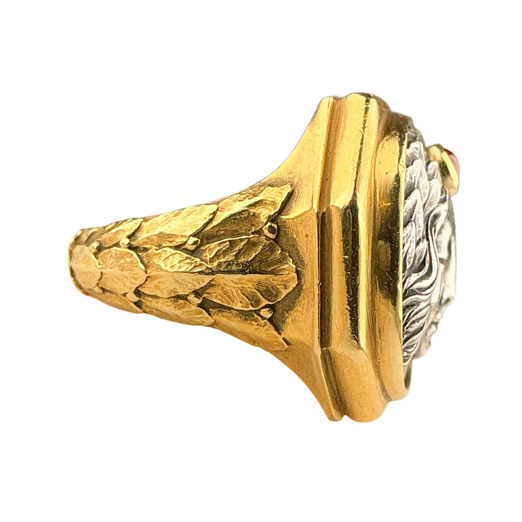 Paul Lantuch 18K & Sterling Signet Ring w Ruby & Sun Deity Face