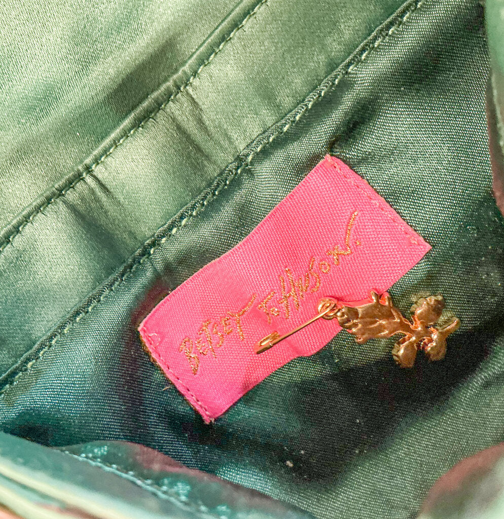 Vintage Besty Johnson Green Satin & Clear Crystal Clutch or Crossbody Bag