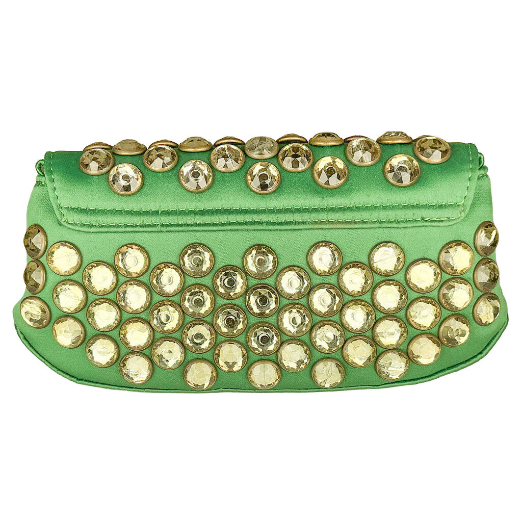 Vintage Besty Johnson Green Satin & Clear Crystal Clutch or Crossbody Bag