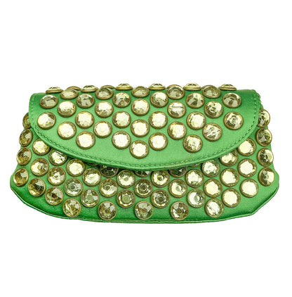 Vintage Besty Johnson Green Satin & Clear Crystal Clutch or Crossbody Bag