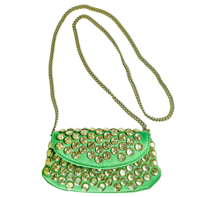 Vintage Besty Johnson Green Satin & Clear Crystal Clutch or Crossbody Bag