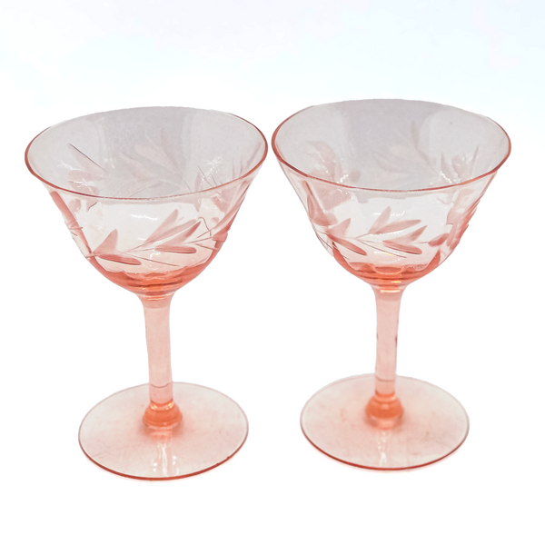 Pink Depression Glass Etched Wine Glasses, Pair